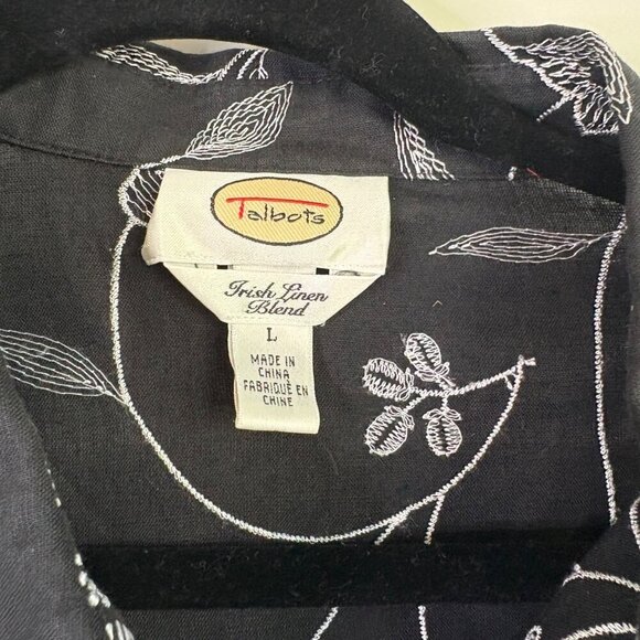 Talbots Women's Irish Linen Black Blouse Floral Embroidery 3/4 Sleeve Size Large - Picture 2 of 12